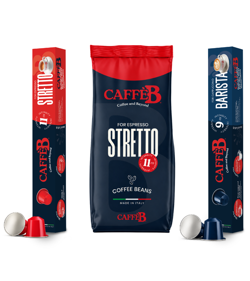 Caffè B Stretto coffee beans bag with Stretto and Barista pod sleeves and capsules